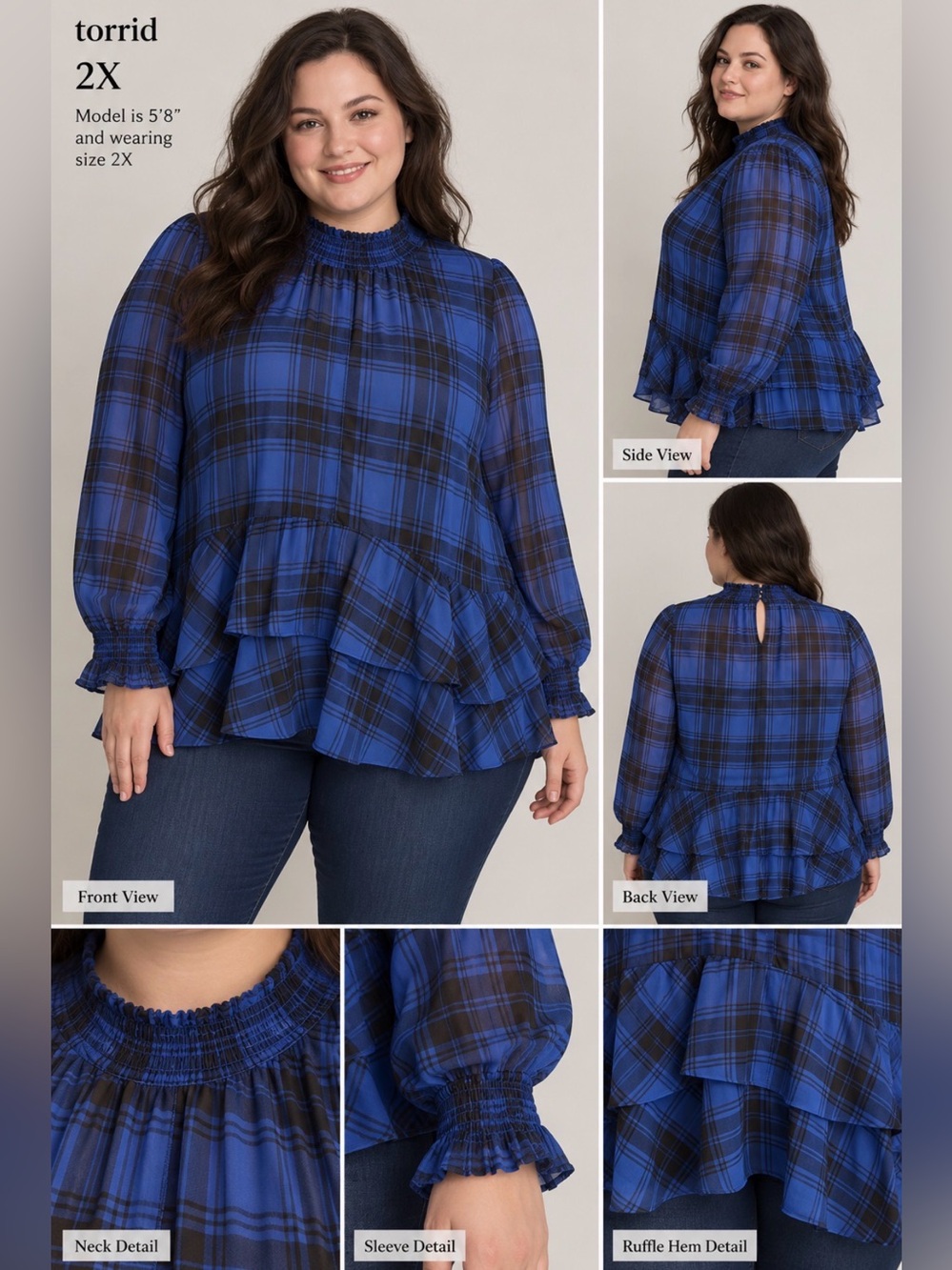 torrid Royal Blue Plaid Smocked Neck Ruffle-Hem Blouse